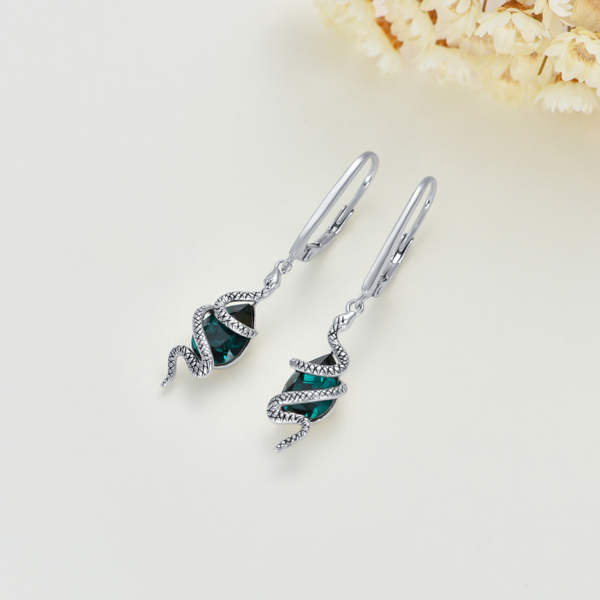 Sterling Silver Pear Shaped Crystal Snake Drop Earrings-3