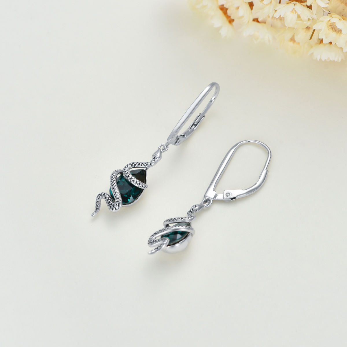 Sterling Silver Pear Shaped Crystal Snake Drop Earrings-4