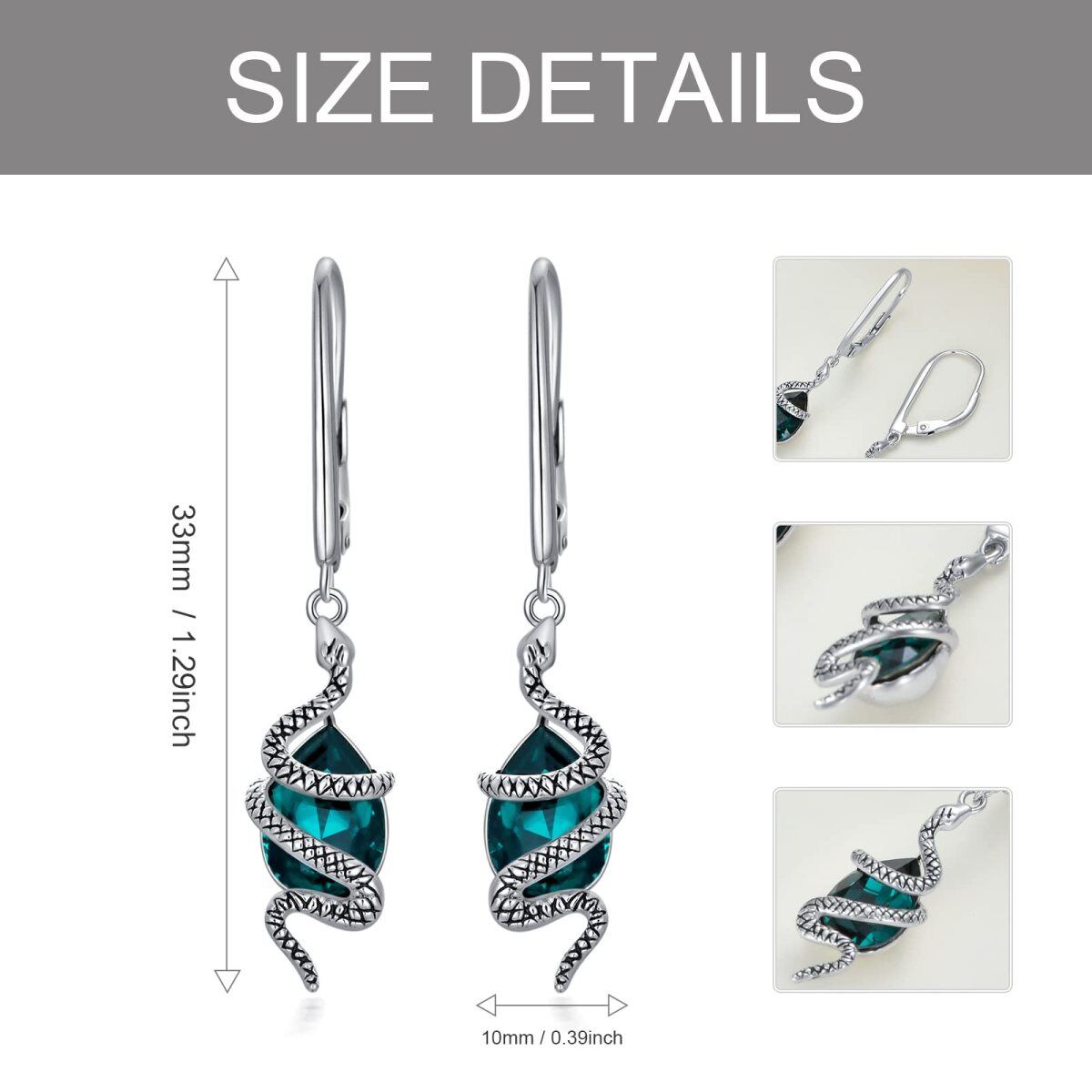 Sterling Silver Pear Shaped Crystal Snake Drop Earrings-6