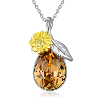 Sterling Silver Pear Shaped Crystal Sunflower Pendant Necklace-16