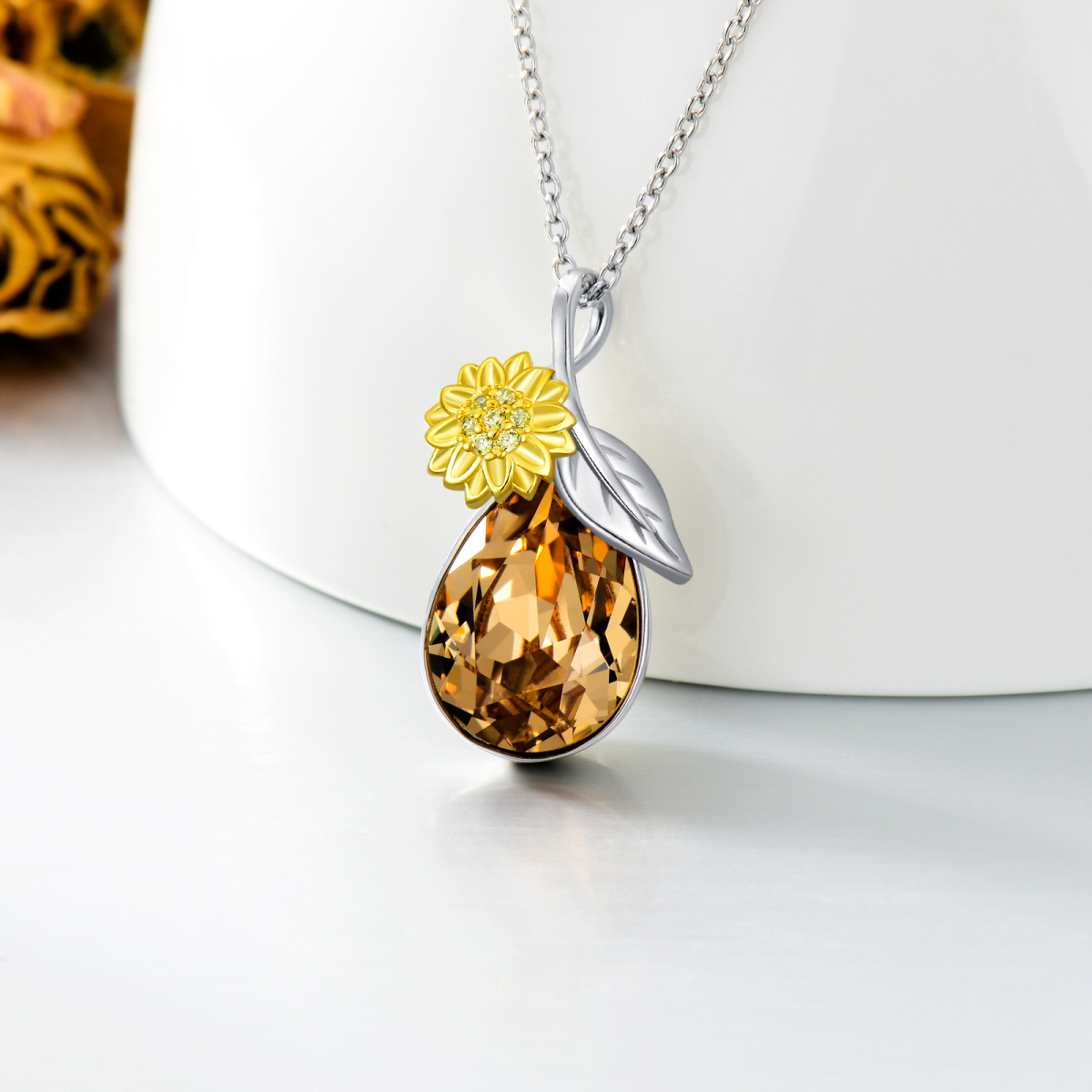 Sterling Silver Pear Shaped Crystal Sunflower Pendant Necklace-3