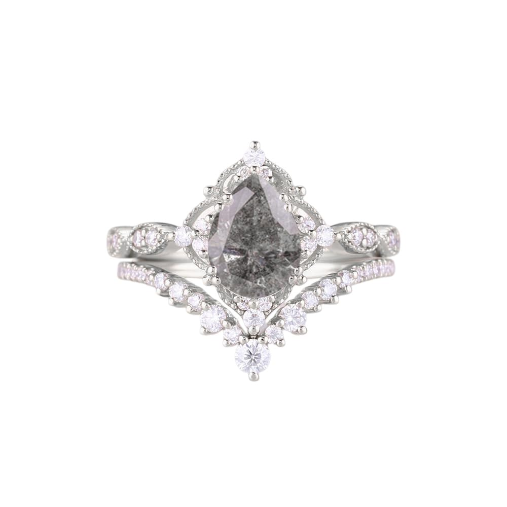 Anel de noivado personalizado com diamante e ágata musgo em forma de pera em prata de lei, com gravação personalizada, certificado pela IGI 3EX-3