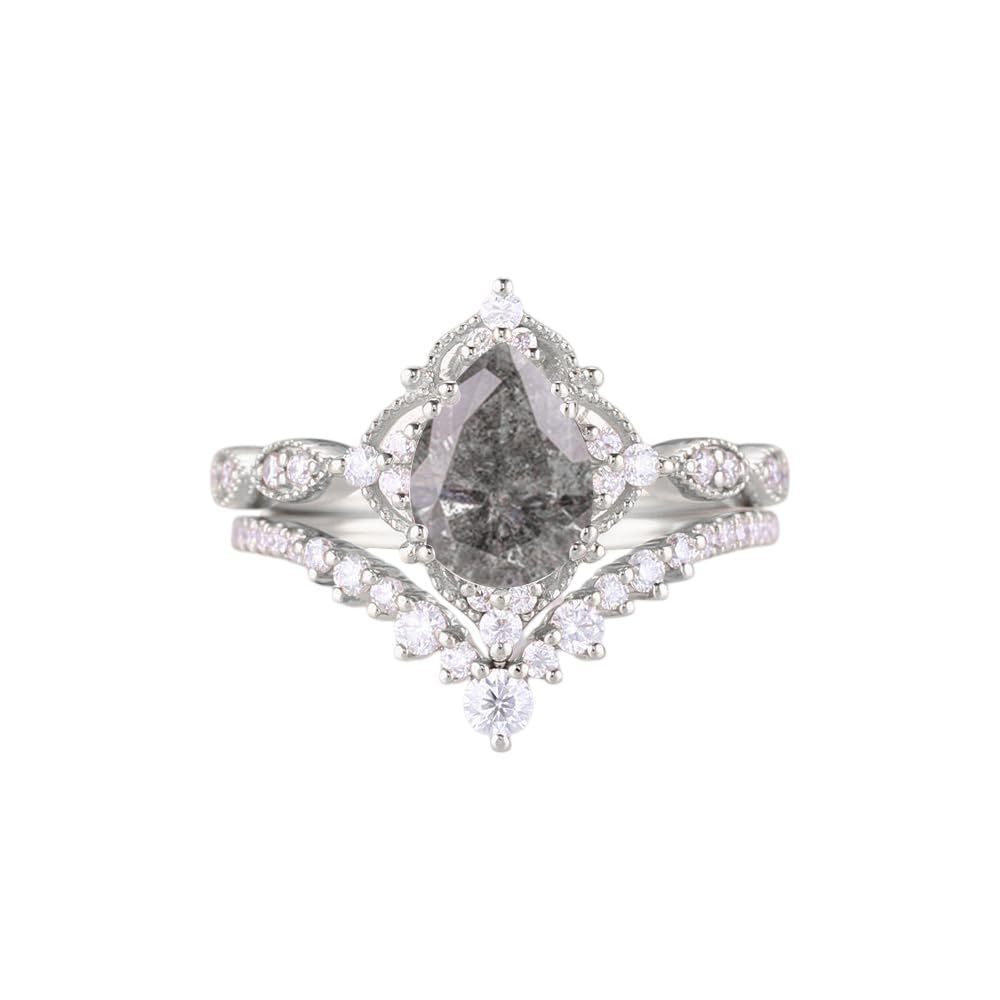 Anel de noivado personalizado com diamante e ágata musgo em forma de pera em prata de lei, com gravação personalizada, certificado pela IGI 3EX-1