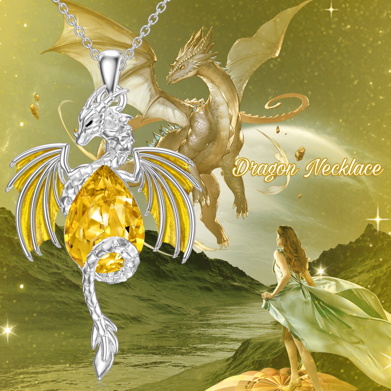 Sterling Silver Pear Shaped Dragon Crystal Pendant Necklace-3