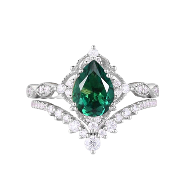 Sterling Silver Pear Shaped Emerald Personalized Engraving & Couple Engagement Ring-3