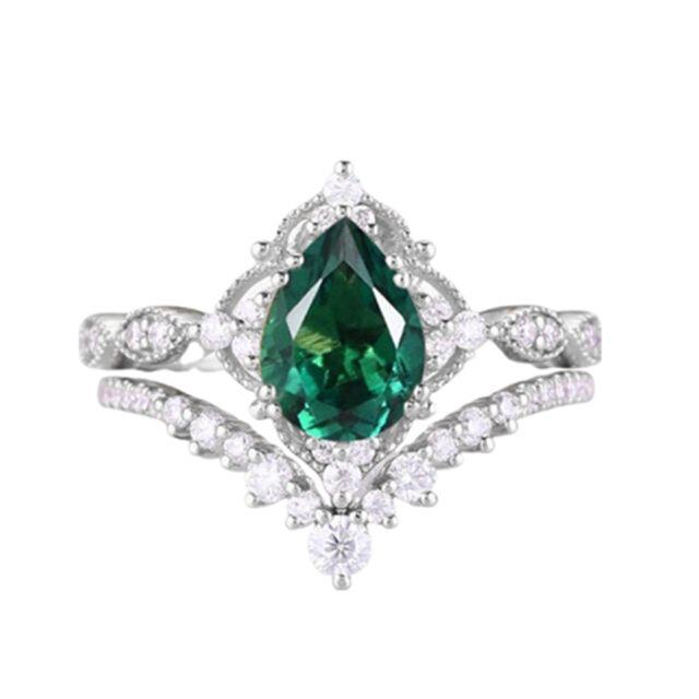 Sterling Silver Pear Shaped Emerald Personalized Engraving & Couple Engagement Ring-1