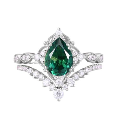 Sterling Silver Pear Shaped Emerald Personalized Engraving & Couple Engagement Ring-2