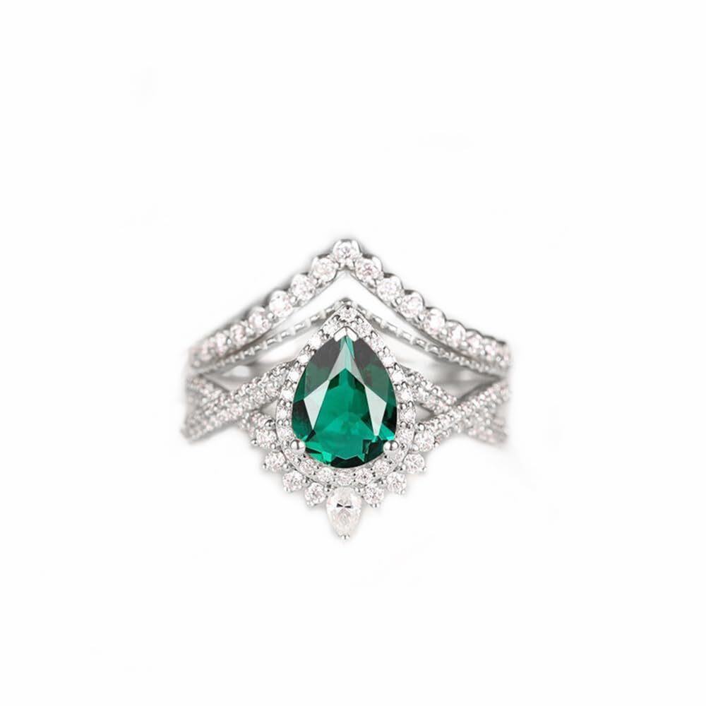 Sterling Silver Pear Shaped Emerald Personalized Engraving & Couple Engagement Ring-1