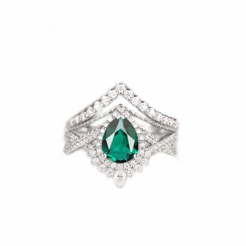 Sterling Silver Pear Shaped Emerald Personalized Engraving & Couple Engagement Ring-2