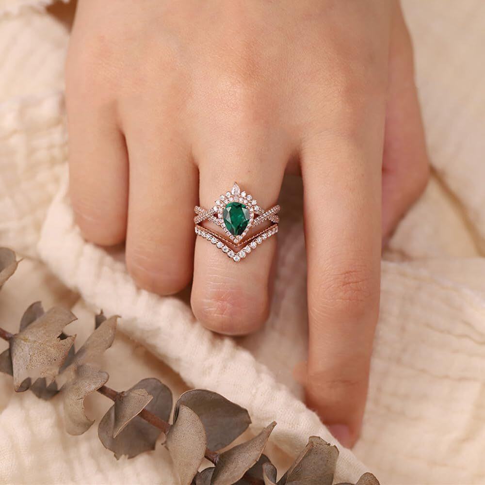 Sterling Silver Pear Shaped Emerald Personalized Engraving & Couple Engagement Ring-6