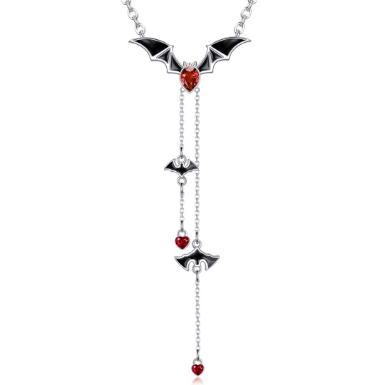 Collana a Y non regolabile in argento sterling con cuore a pipistrello e granato a forma d