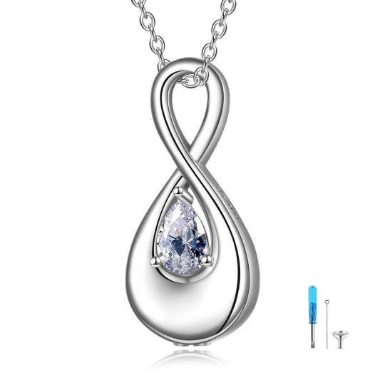 Sterling Silver Pear Shaped Cubic Zirconia Infinite Symbol Urn Necklace for Ashes with Engraved Word