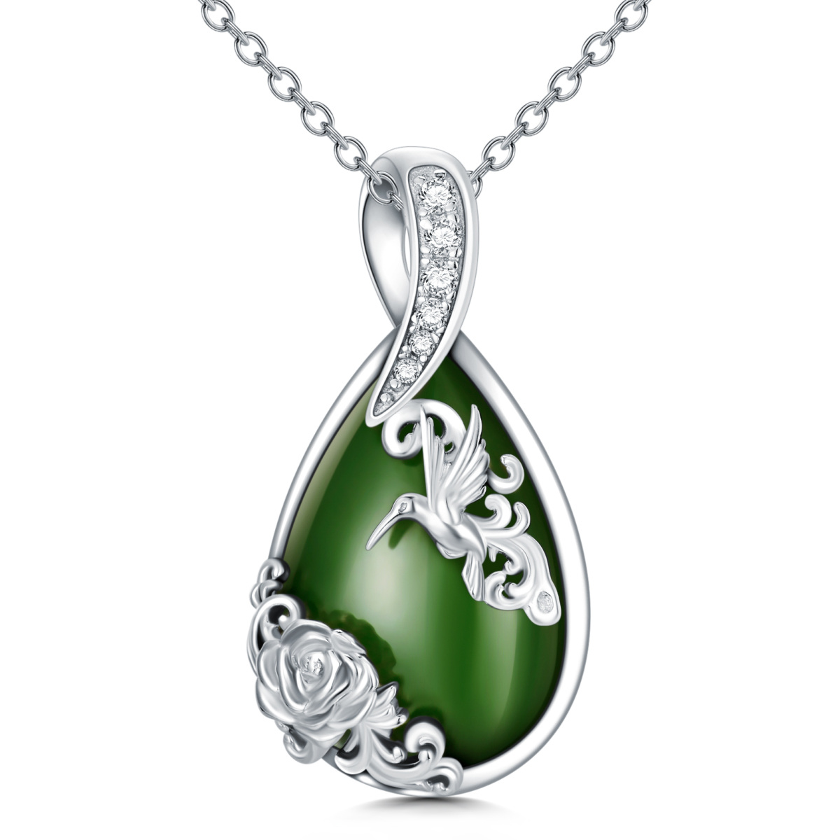 Sterling Silver Pear Shaped Jade Hummingbird & Rose Pendant Necklace-1