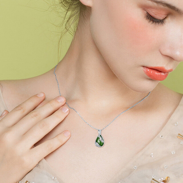 Sterling zilveren peervormige jade kolibrie en rozen hanger ketting-2