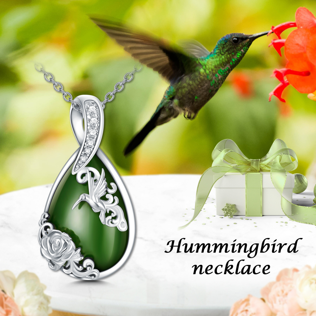 Sterling Silver Pear Shaped Jade Hummingbird & Rose Pendant Necklace-3