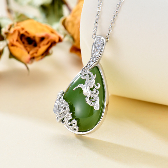 Sterling Silver Pear Shaped Jade Hummingbird & Rose Pendant Necklace-4