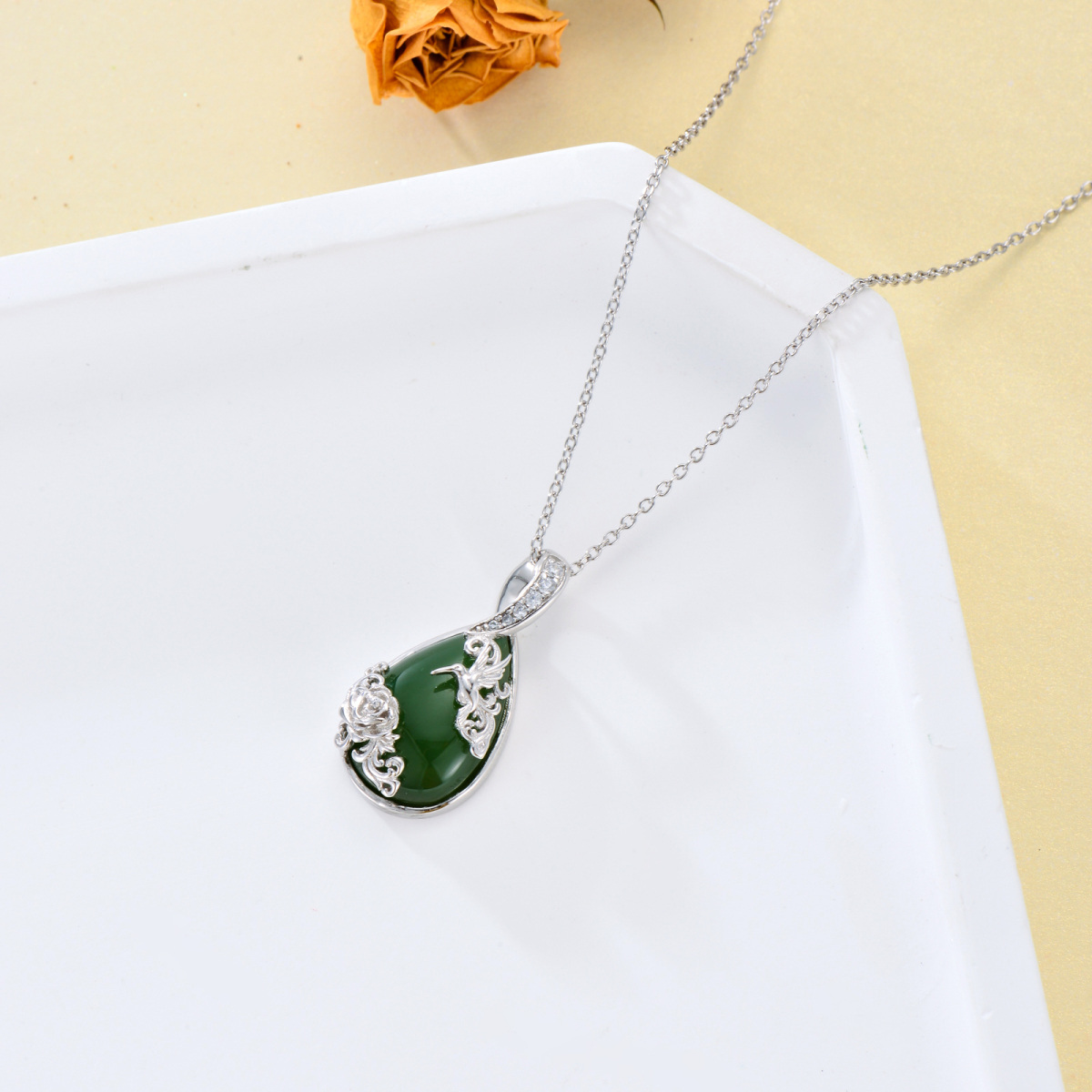 Sterling Silver Pear Shaped Jade Hummingbird & Rose Pendant Necklace-5