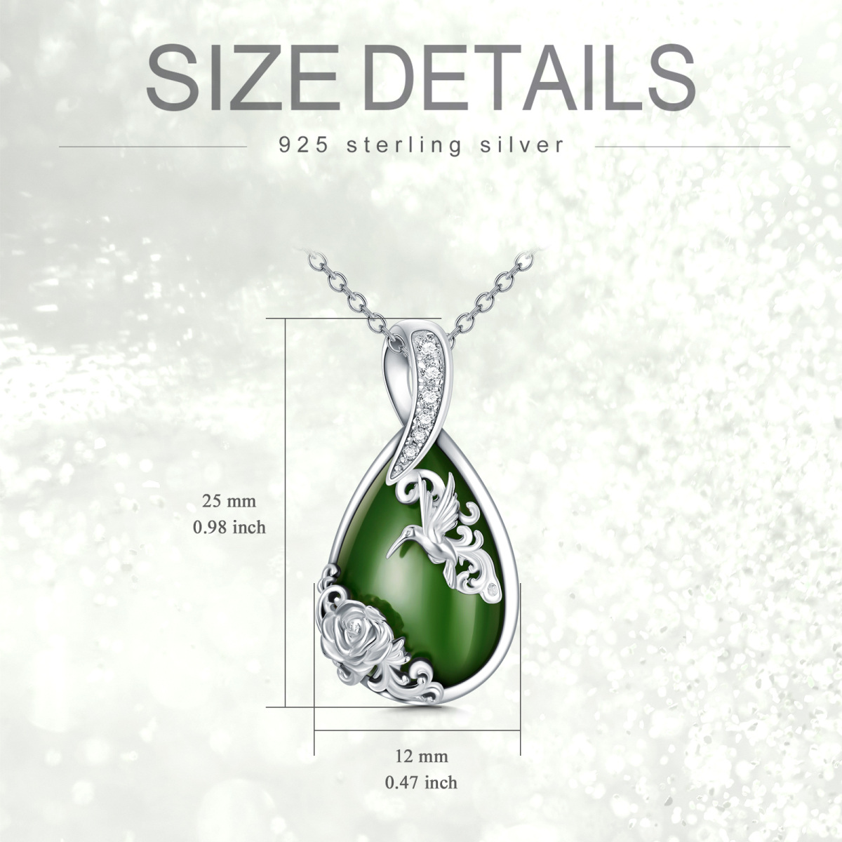 Sterling Silver Pear Shaped Jade Hummingbird & Rose Pendant Necklace-6