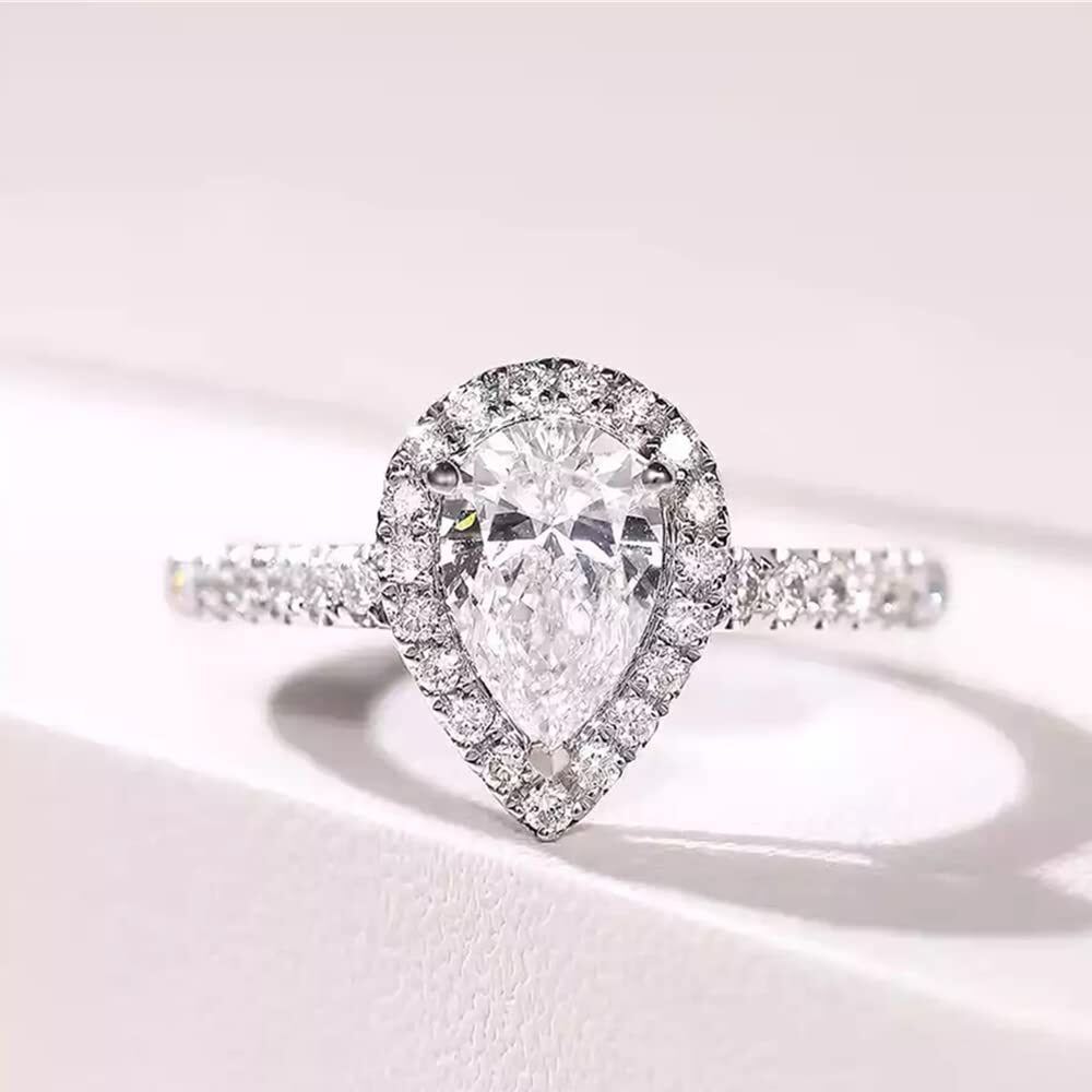 18K White Gold Pear Shaped Moissanite Personalized Engraving Engagement Ring-3