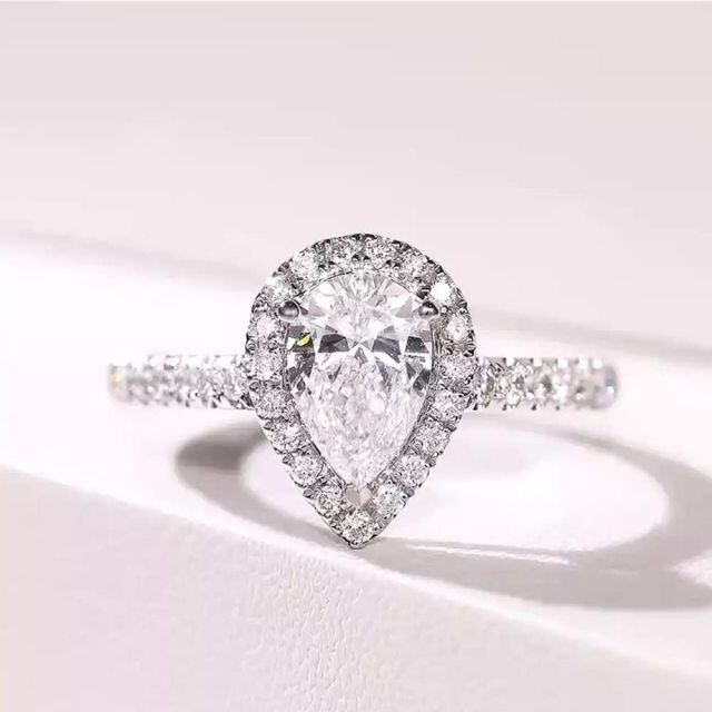 10K White Gold Pear Shaped Moissanite Personalized Engraving Engagement Ring-3