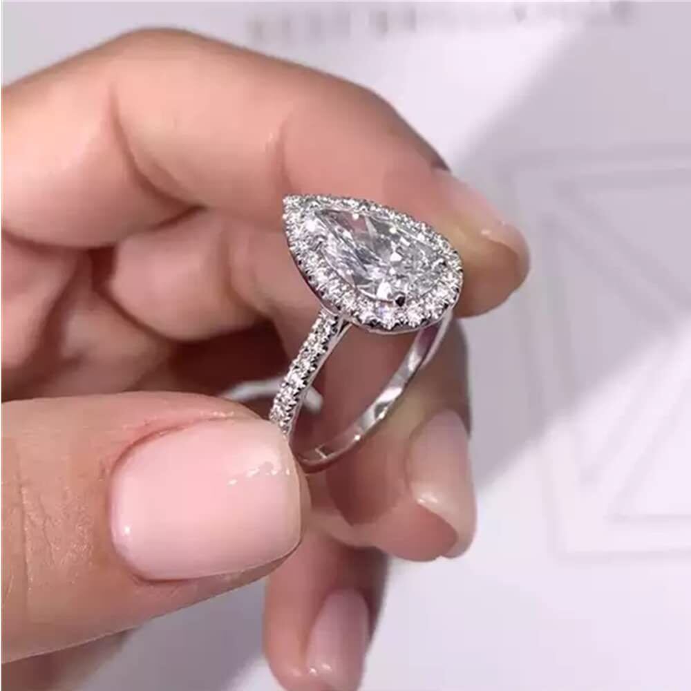 Anillo de compromiso con grabado personalizado de moissanita en forma de pera de oro blanco de 14 quilates-4