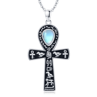 Sterling Silver Pear Shaped Moonstone Ankh Pendant Necklace-45