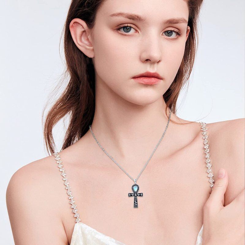 Colar com pingente Ankh de pedra lunar em formato de pêra em prata esterlina-2