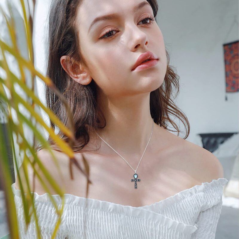 Colar com pingente Ankh de pedra lunar em formato de pêra em prata esterlina-3