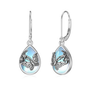 Sterling Silver Pear Shaped Moonstone Butterfly Lever-back Earrings-19