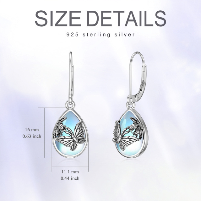 Sterling Silver Pear Shaped Moonstone Butterfly Lever-back Earrings-4