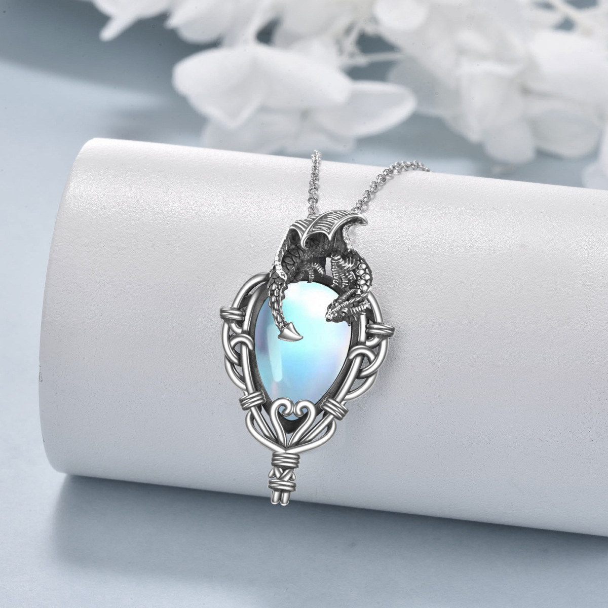 Sterling Silver Pear Shaped Moonstone Dragon Pendant Necklace-3