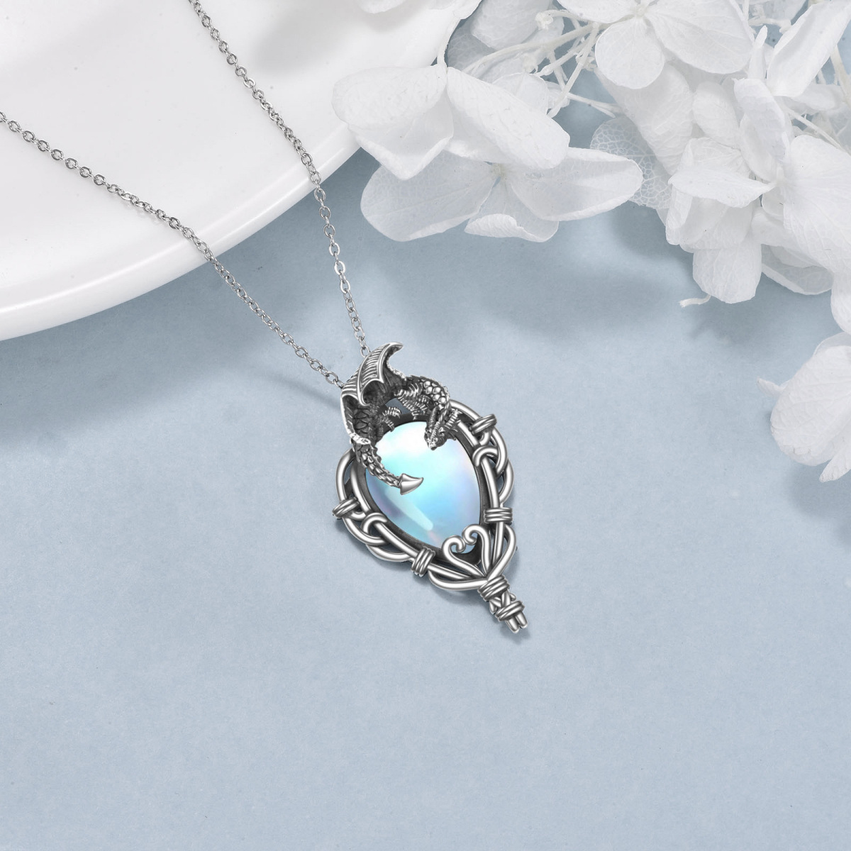 Sterling Silver Pear Shaped Moonstone Dragon Pendant Necklace-4