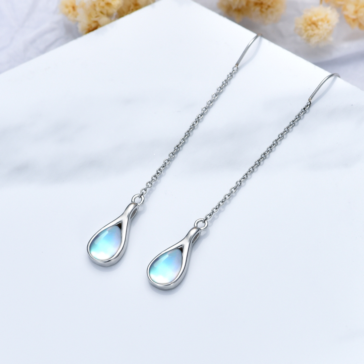 Sterling Silver White Gold Plated Pear Moonstone Drop Shape Drop Earrings For Women-4