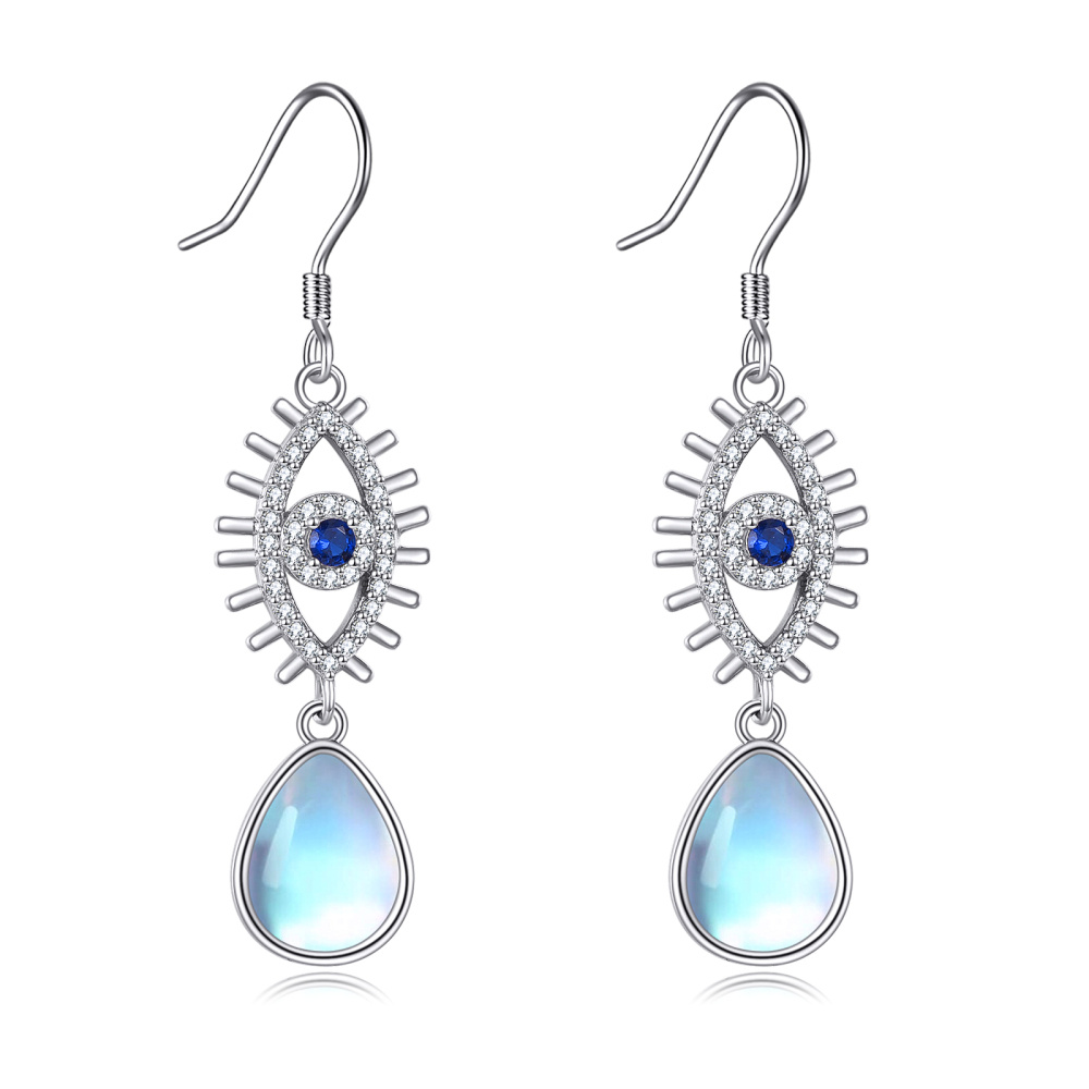 Sterling Silver Pear Moonstone Evil Eye Drop Earrings For Women-1