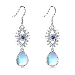 Sterling Silver Pear Moonstone Evil Eye Drop Earrings For Women-4