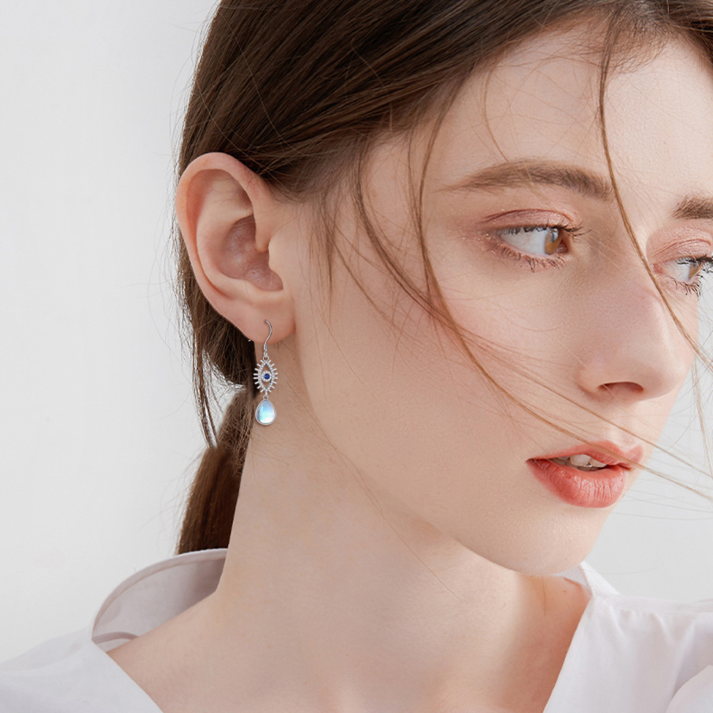 Sterling Silver Pear Moonstone Evil Eye Drop Earrings For Women-2