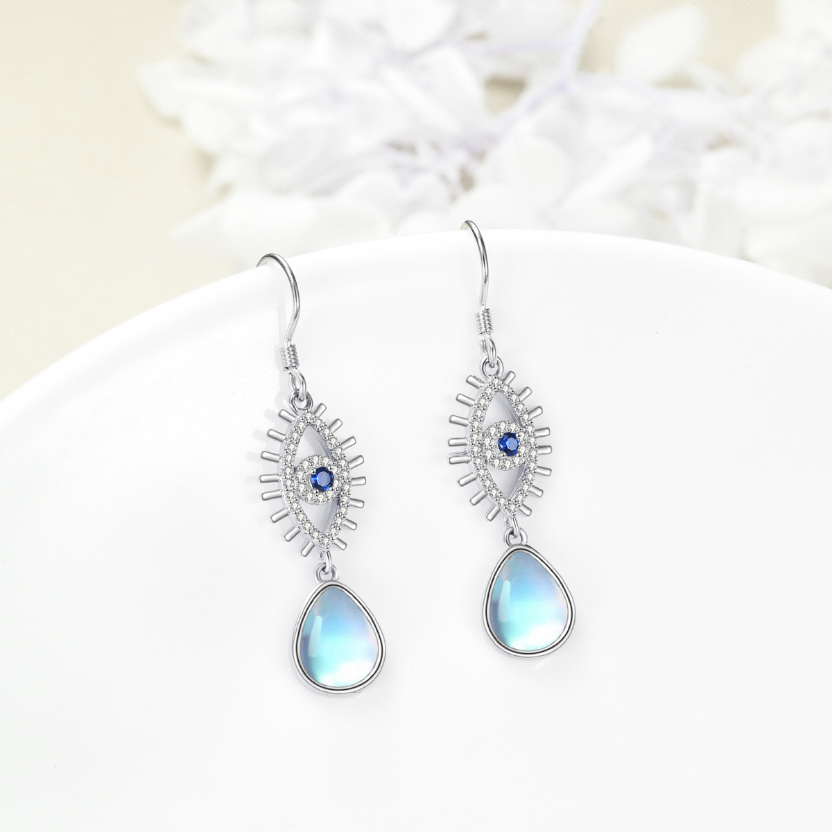 Sterling Silver Pear Shaped Moonstone Drop Shape & Evil Eye Drop Earrings-3