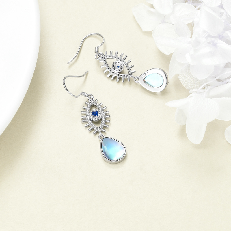 Sterling Silver Pear Moonstone Evil Eye Drop Earrings For Women-4
