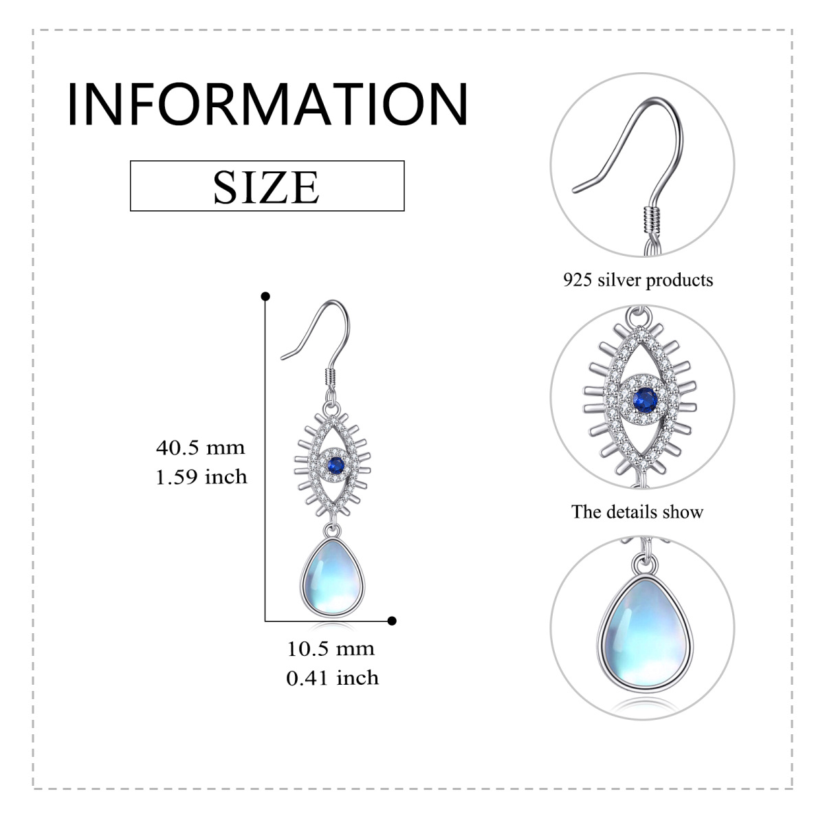 Sterling Silver Pear Shaped Moonstone Drop Shape & Evil Eye Drop Earrings-5