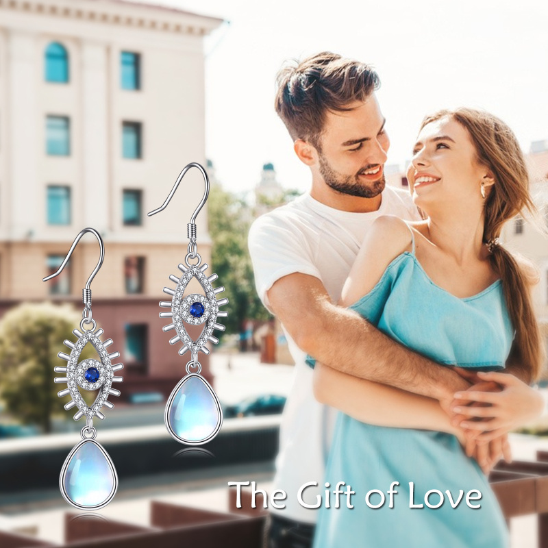 Sterling Silver Pear Moonstone Evil Eye Drop Earrings For Women-6