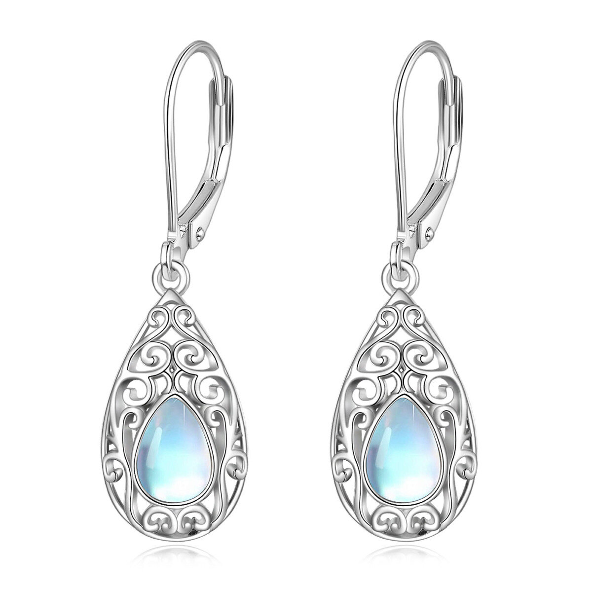 Sterling Silver Pear Shaped Moonstone Drop Shape Lever-back Earrings-1