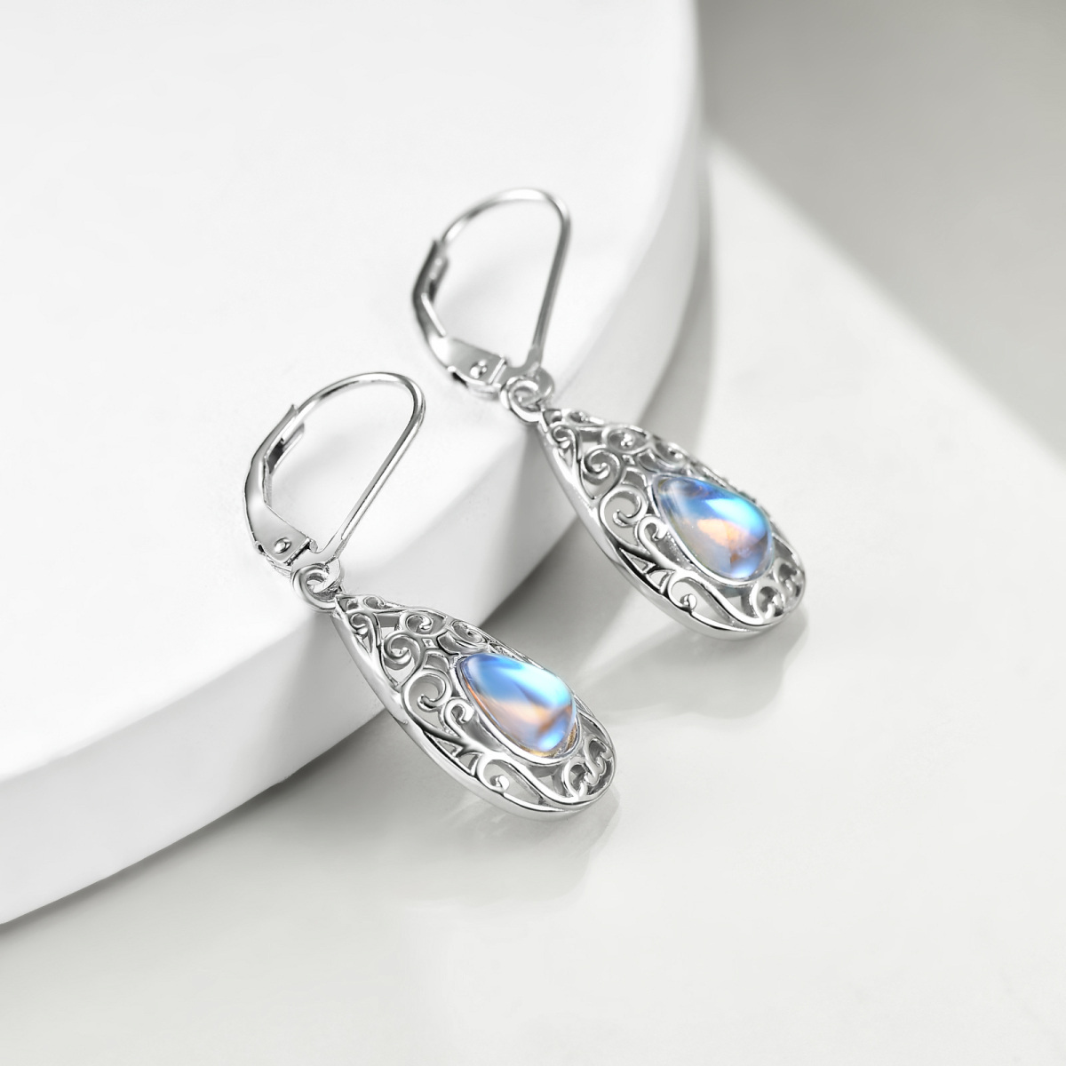 Sterling Silver Pear Shaped Moonstone Drop Shape Lever-back Earrings-3