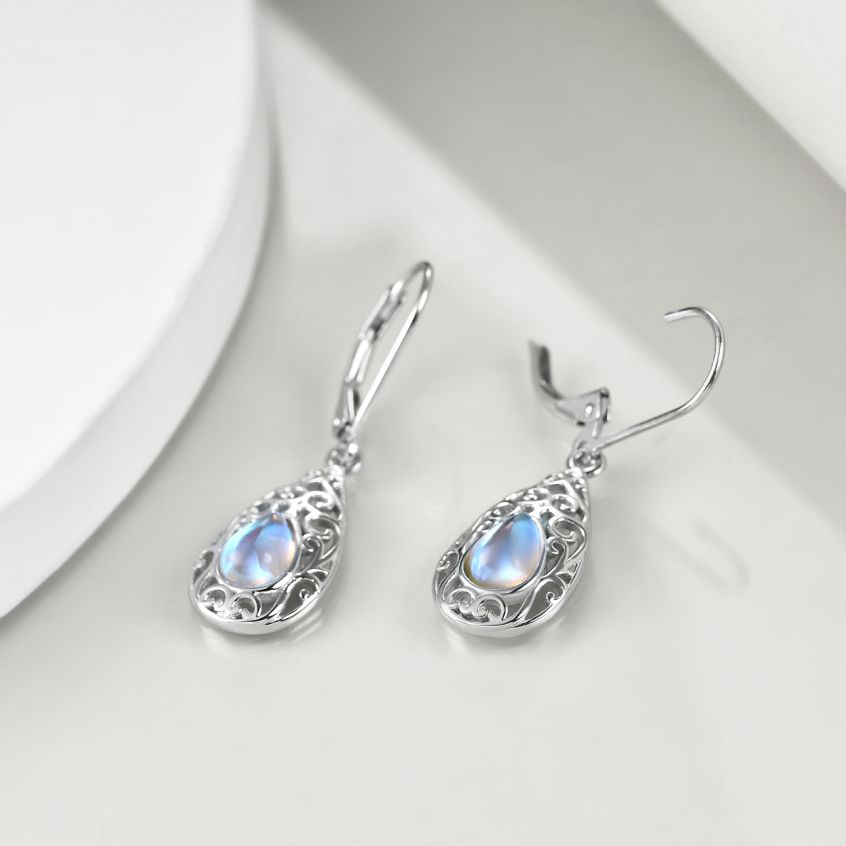 Sterling Silver Pear Shaped Moonstone Drop Shape Lever-back Earrings-4