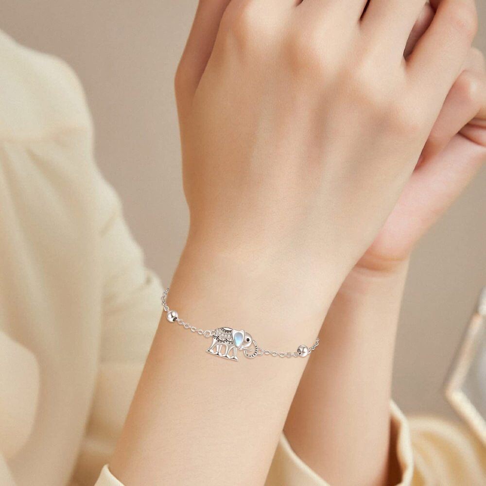 Sterling Silver Pear Shaped Cubic Zirconia & Moonstone Elephant Charm Bracelet-2