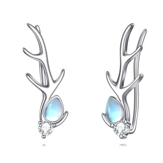 Boucles d'oreilles en argent sterling, pierre de lune en forme de poire et élan grimpant