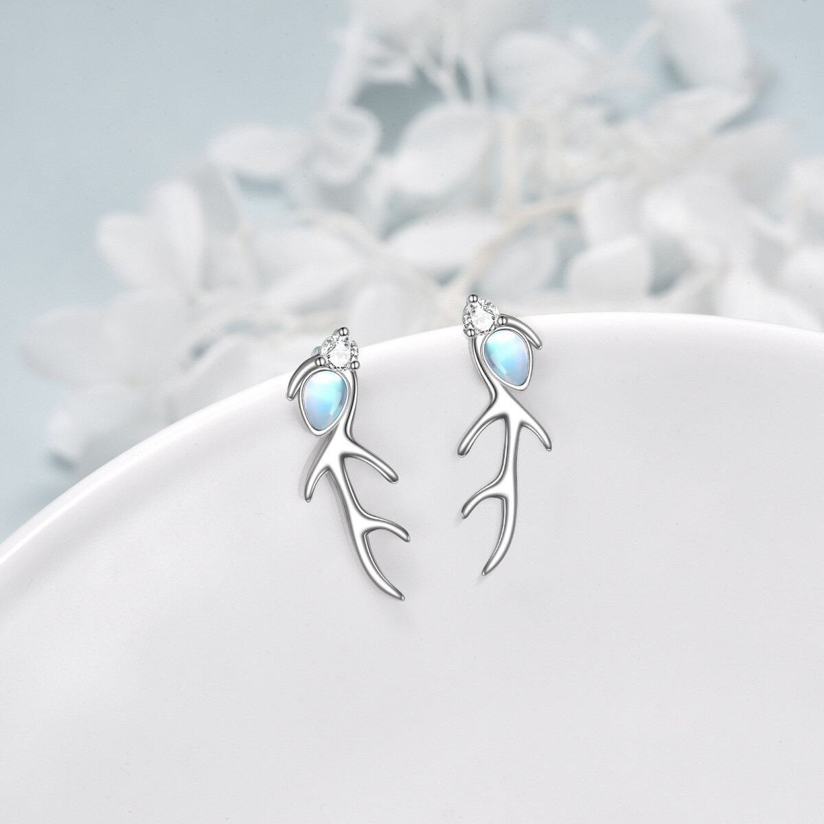 Sterling Silver Pear Shaped Moonstone Elk Climber Earrings-3