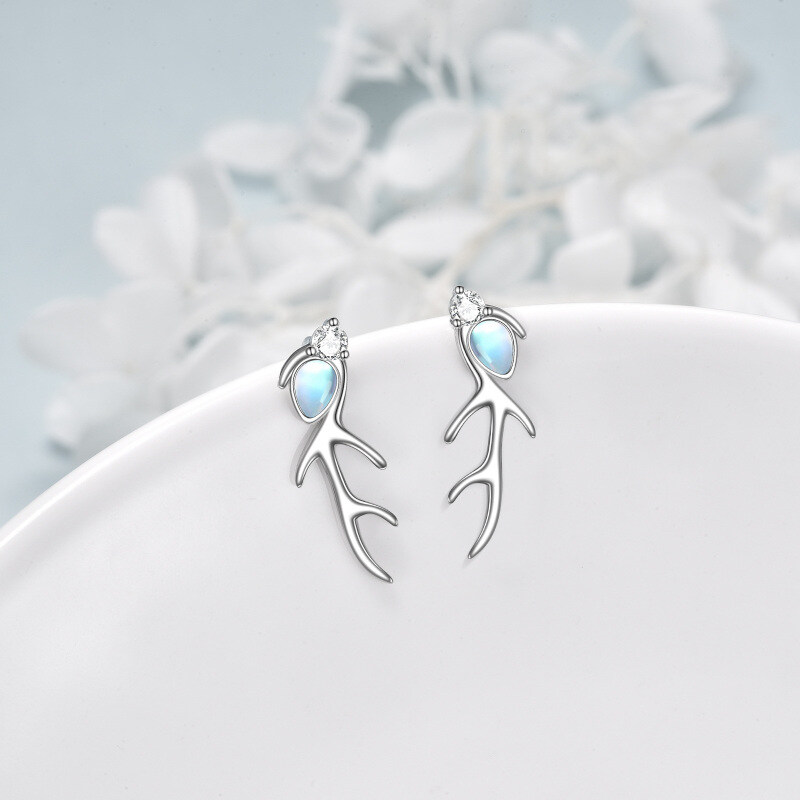 Brincos de prata esterlina com pedra da lua em forma de pera e alce-3