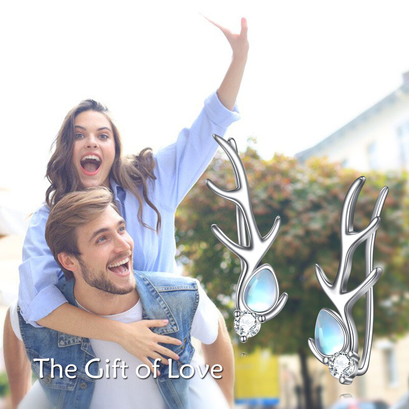 Brincos de prata esterlina com pedra da lua em forma de pera e alce-6