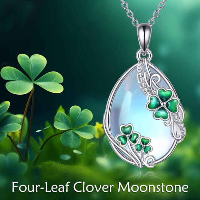 Sterling Silver Pear Shaped Moonstone Four Leaf Clover & Drop Shape Pendant Necklace-6