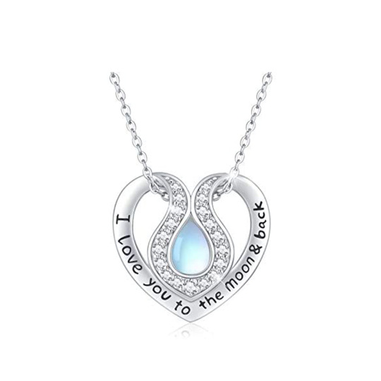 Sterling Silver Pear Shaped Moonstone Heart Pendant Necklace with Engraved Word